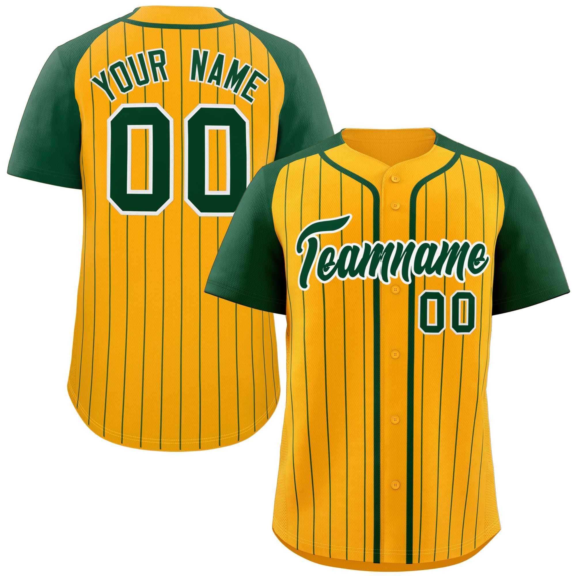 Custom Yellow Green-White Stripe Fashion Raglan Sleeves Authentic Baseball Jersey