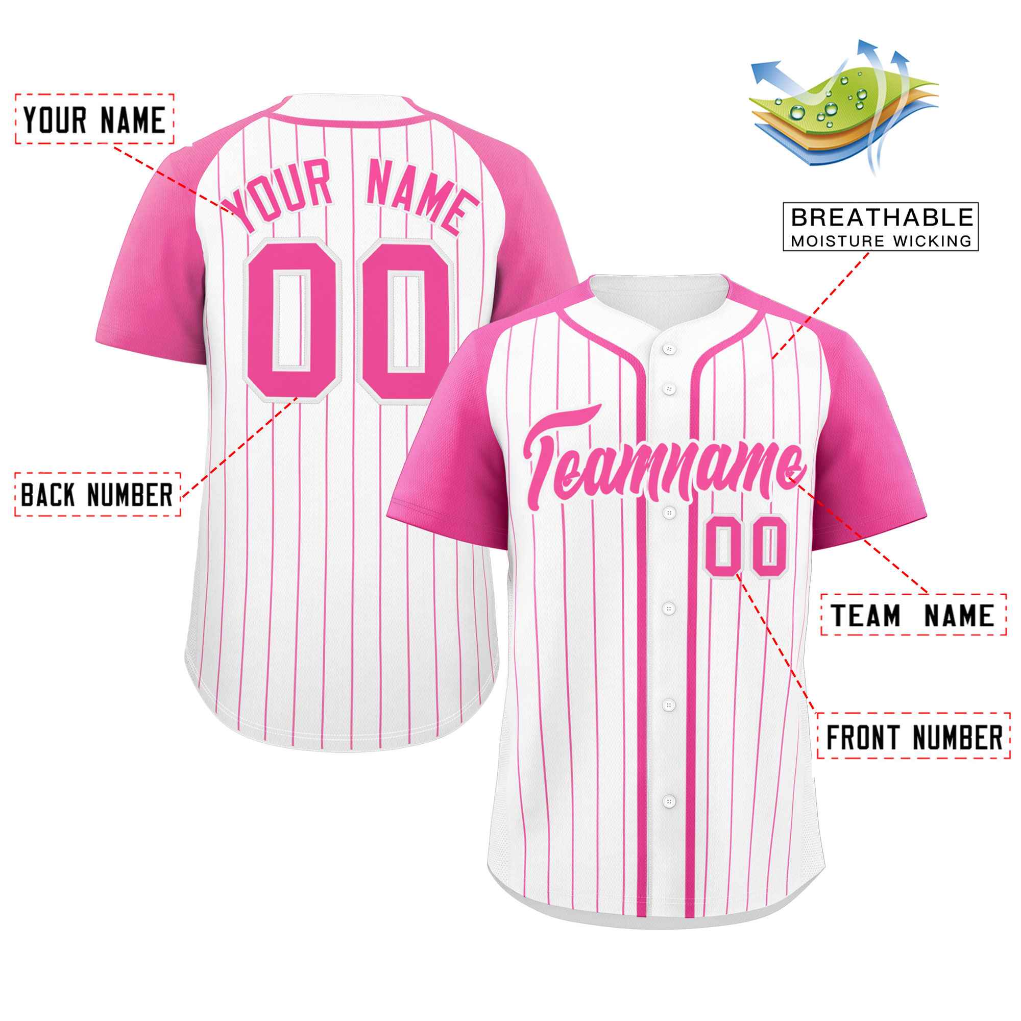 Custom White Pink Stripe Fashion Raglan Sleeves Authentic Baseball Jersey