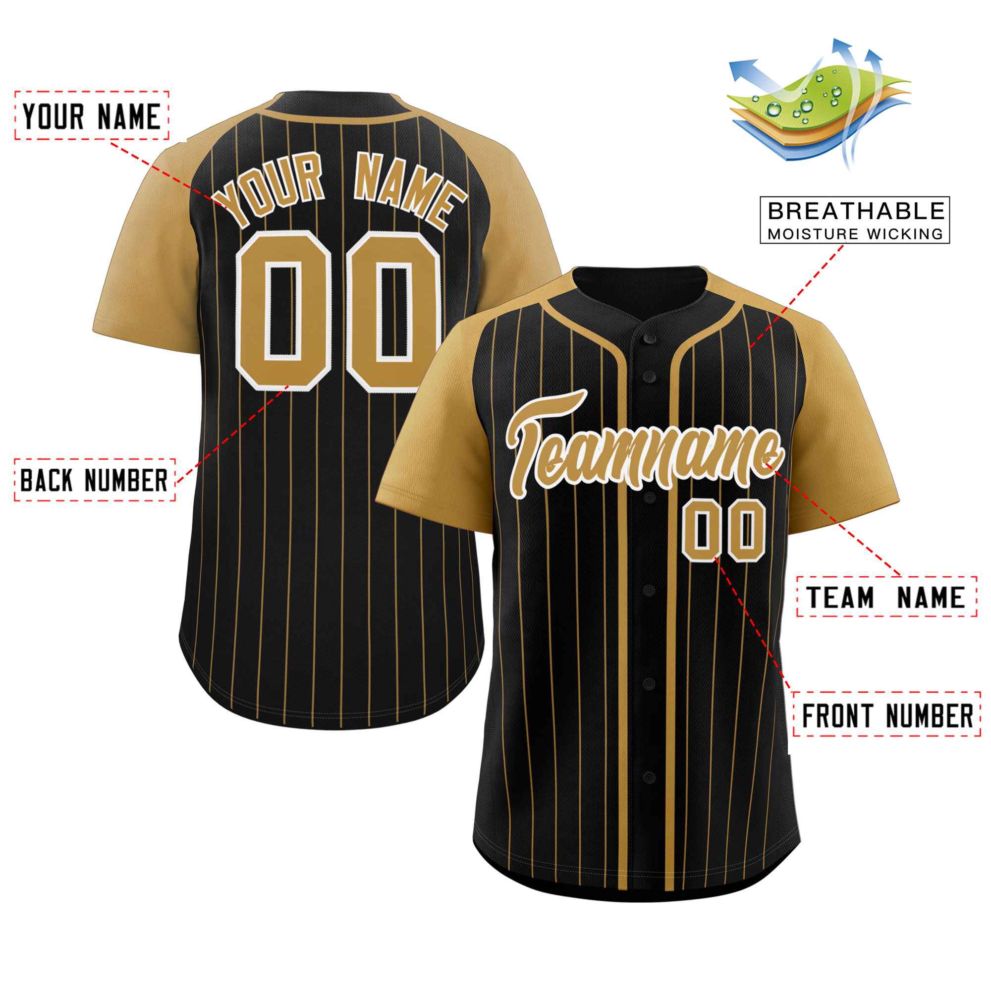 Custom Black Old Gold-White Stripe Fashion Raglan Sleeves Authentic Baseball Jersey