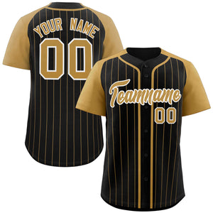 Custom Black Old Gold-White Stripe Fashion Raglan Sleeves Authentic Baseball Jersey