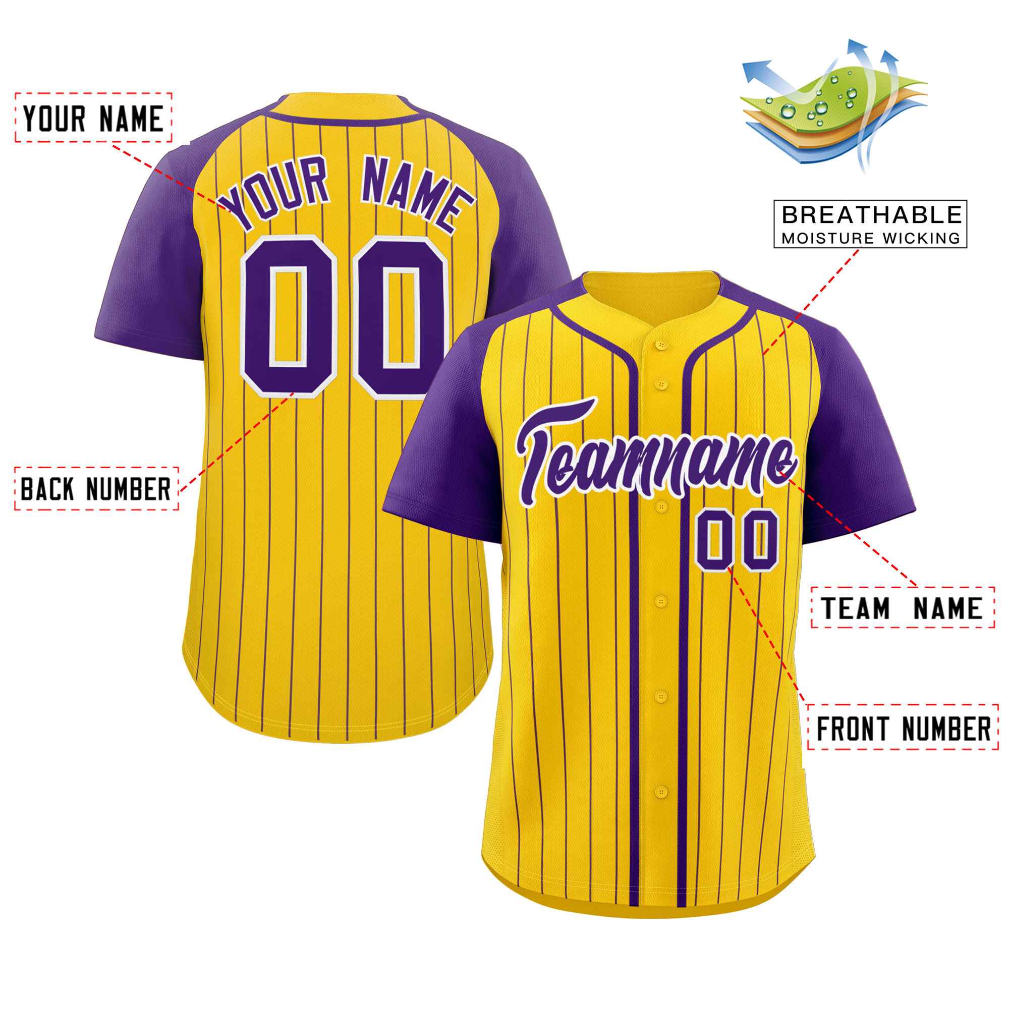 Custom Gold Purple-White Stripe Fashion Raglan Sleeves Authentic Baseball Jersey