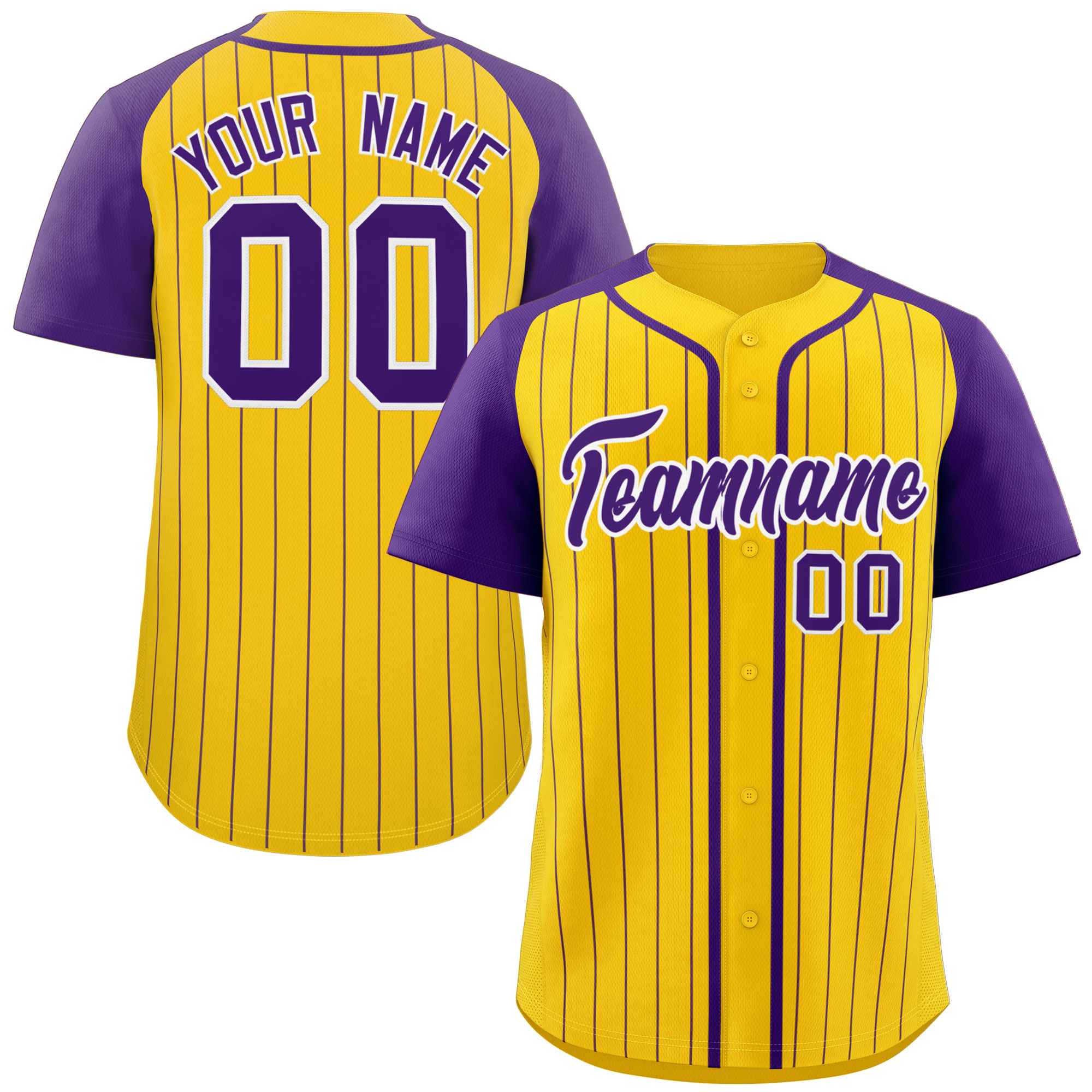 Custom Gold Purple-White Stripe Fashion Raglan Sleeves Authentic Baseball Jersey