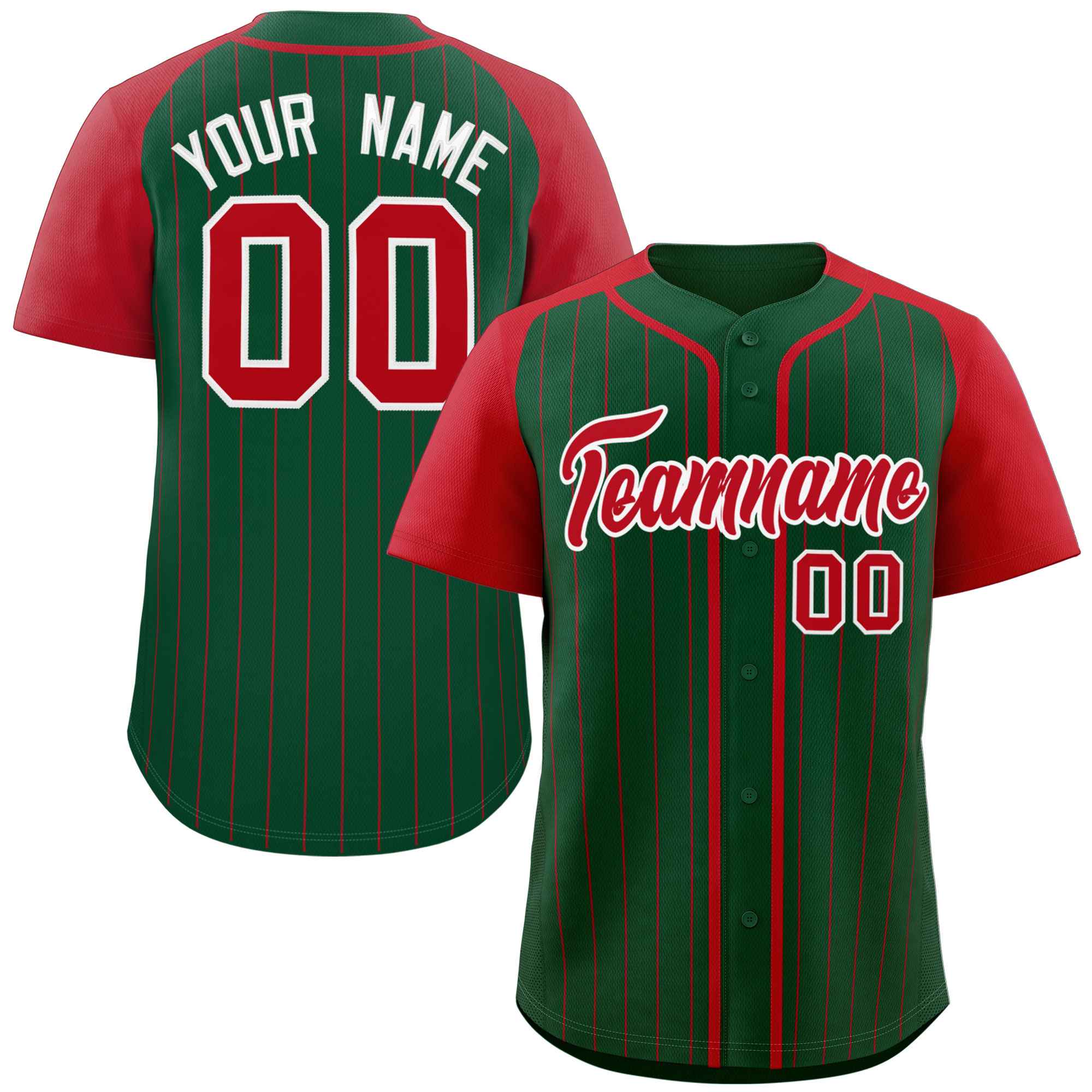 Custom Green Red-White Stripe Fashion Raglan Sleeves Authentic Baseball Jersey