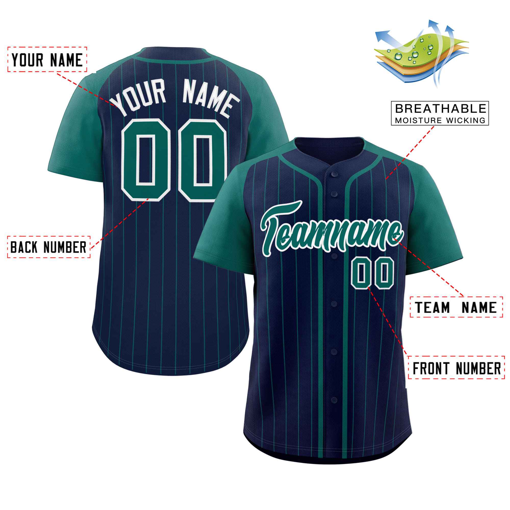 Custom Navy Aqua-White Stripe Fashion Raglan Sleeves Authentic Baseball Jersey