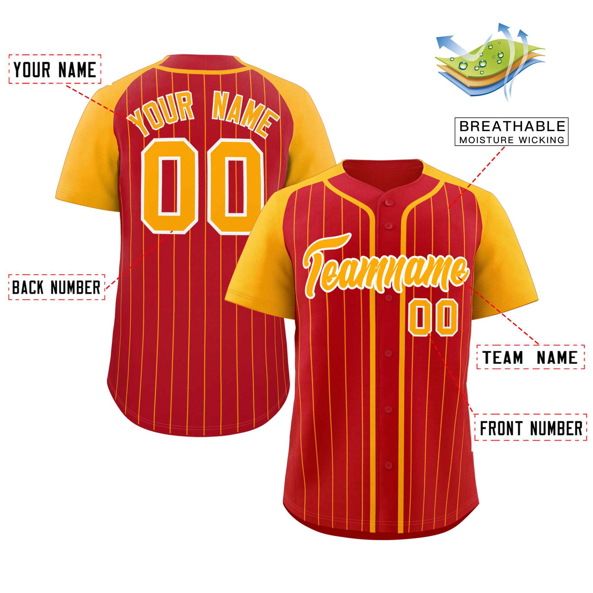 Custom Red Yellow-White Stripe Fashion Raglan Sleeves Authentic Baseball Jersey