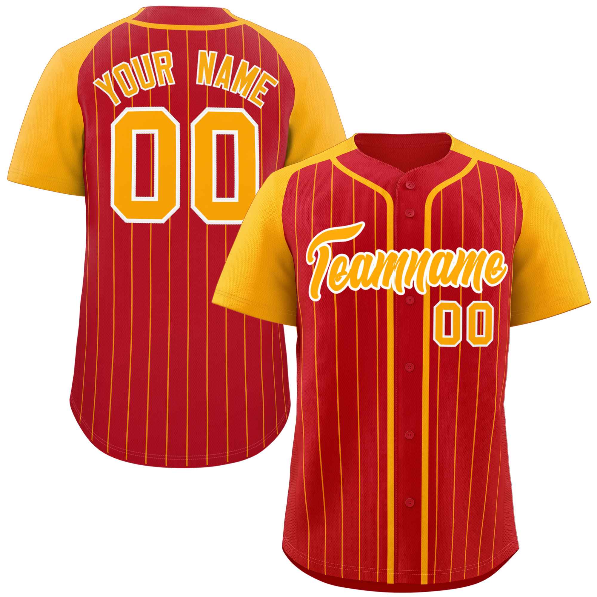 Custom Red Yellow-White Stripe Fashion Raglan Sleeves Authentic Baseball Jersey