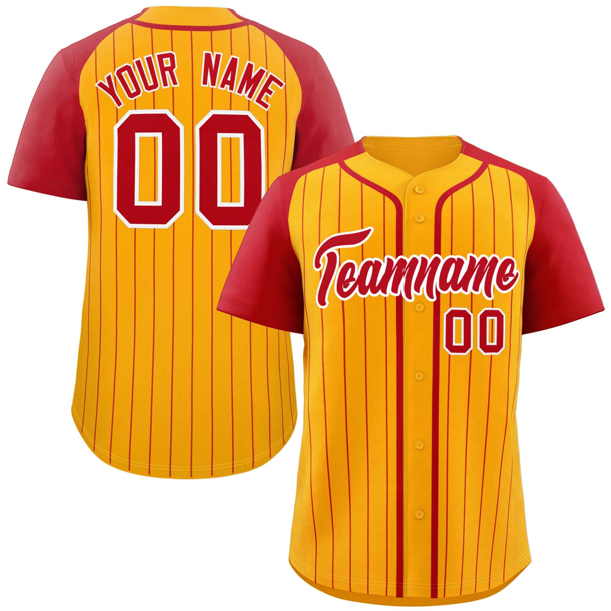 Custom Yellow Red-White Stripe Fashion Raglan Sleeves Authentic Baseball Jersey