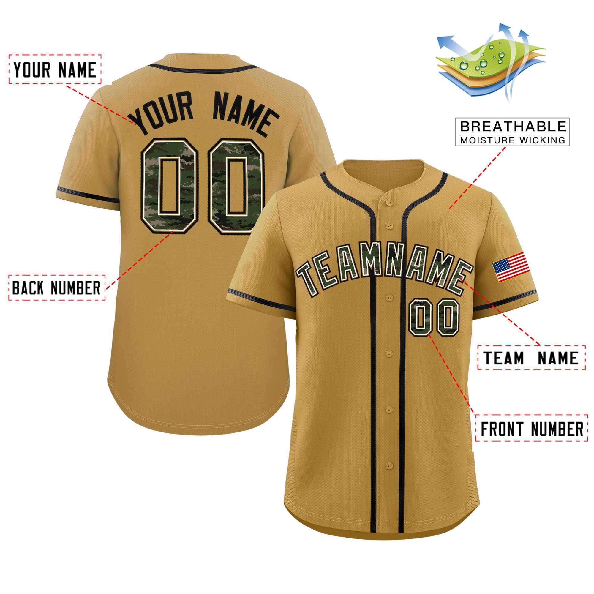 Custom Old Gold Personalized Camo Font Authentic Baseball Jersey