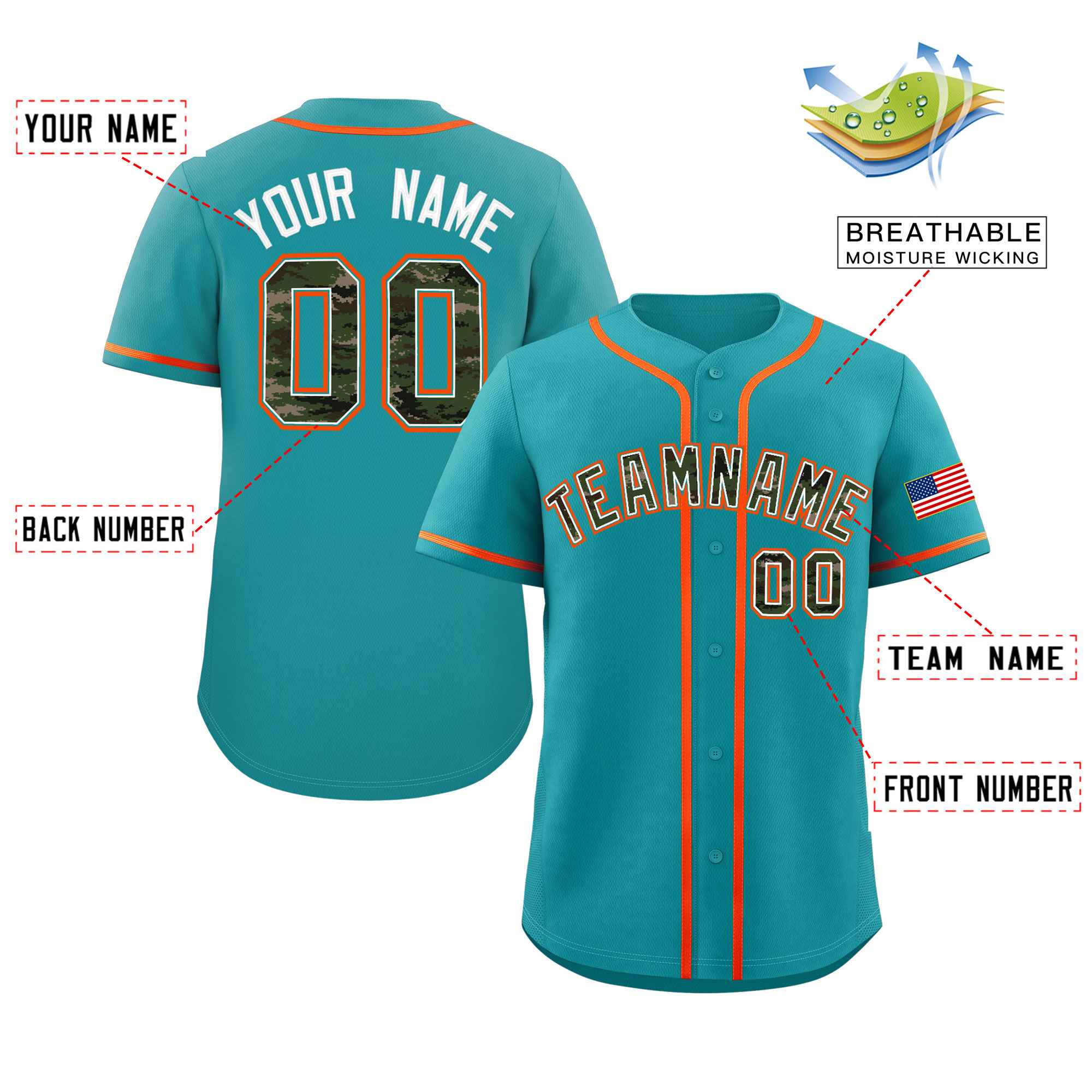 Custom Aqua Personalized Camo Font Authentic Baseball Jersey