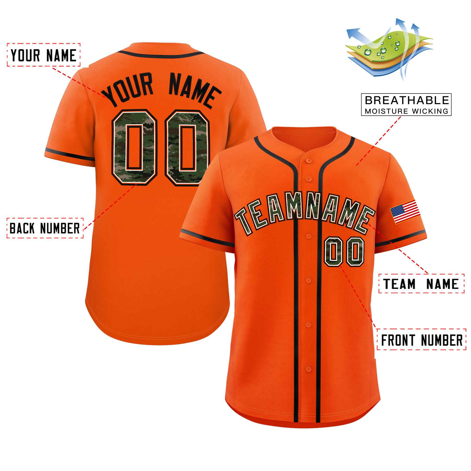 Custom Orange Personalized Camo Font Authentic Baseball Jersey