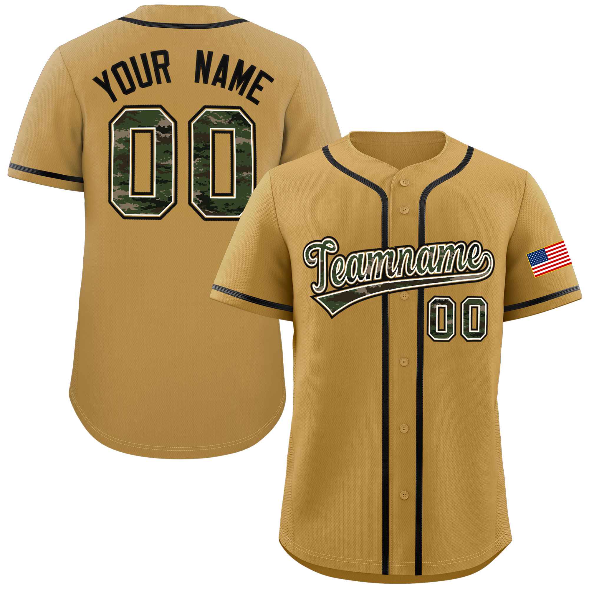 Custom Old Gold Personalized Camo Font Authentic Baseball Jersey