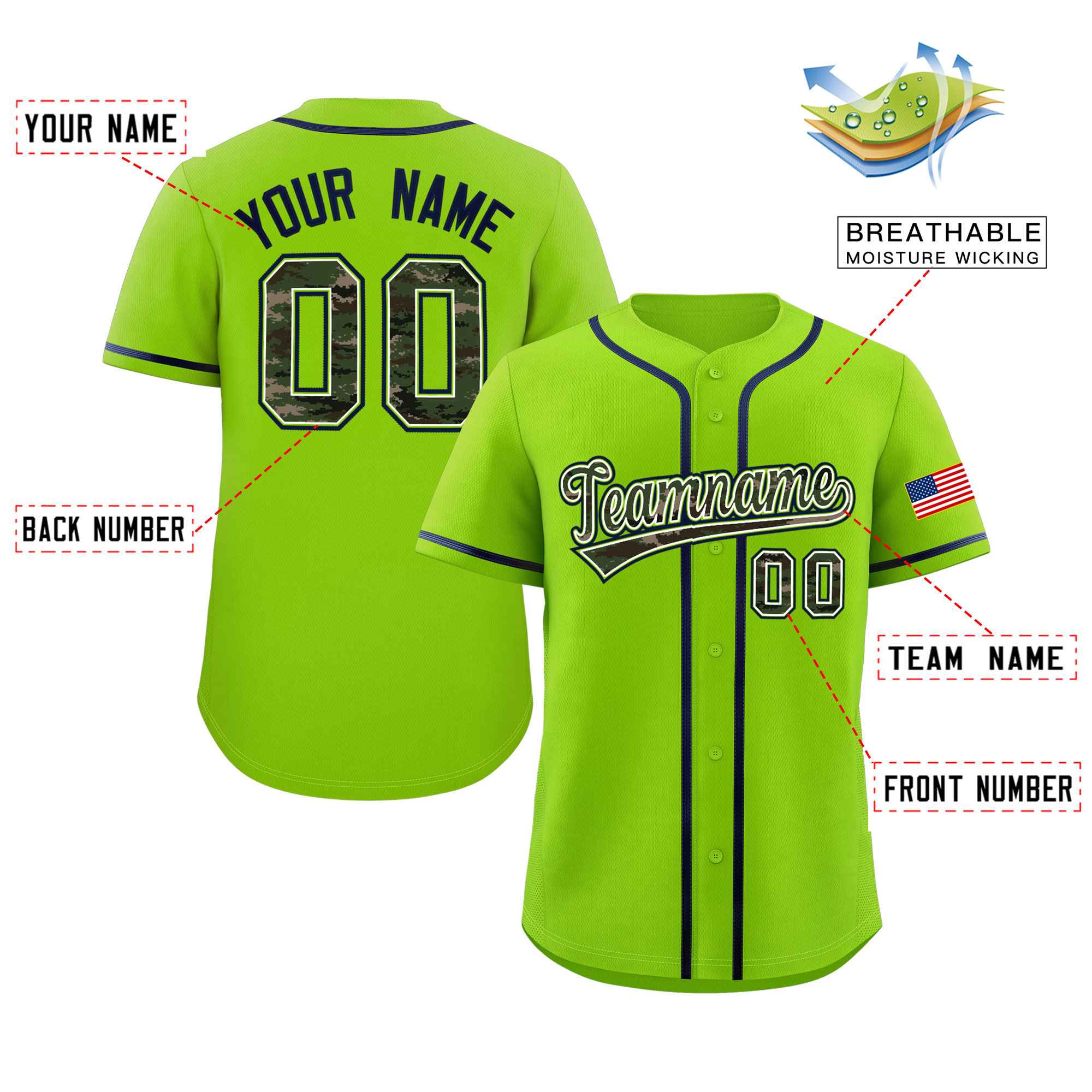 Custom Neon Green Personalized Camo Font Authentic Baseball Jersey