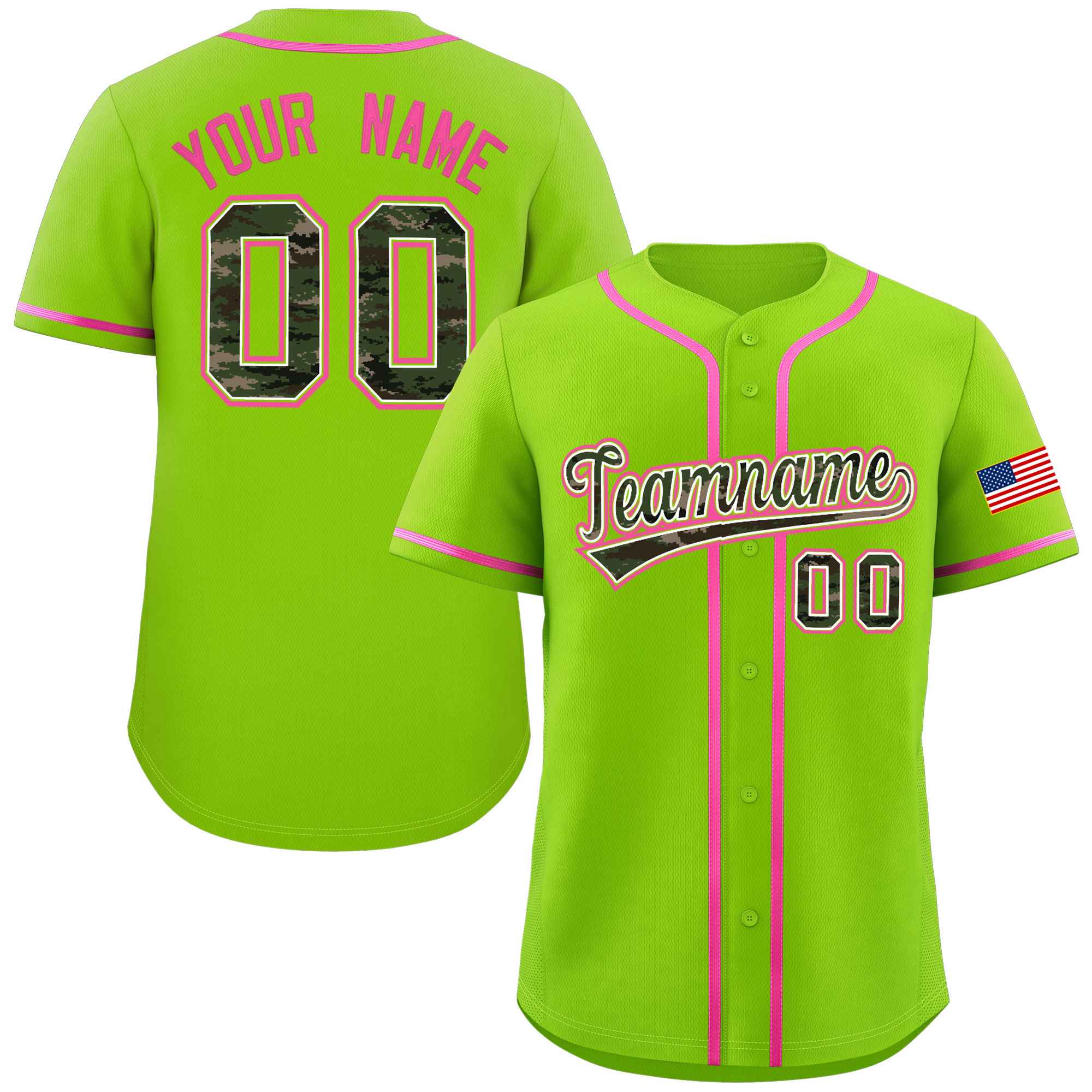 Custom Neon Green Personalized Camo Font Authentic Baseball Jersey