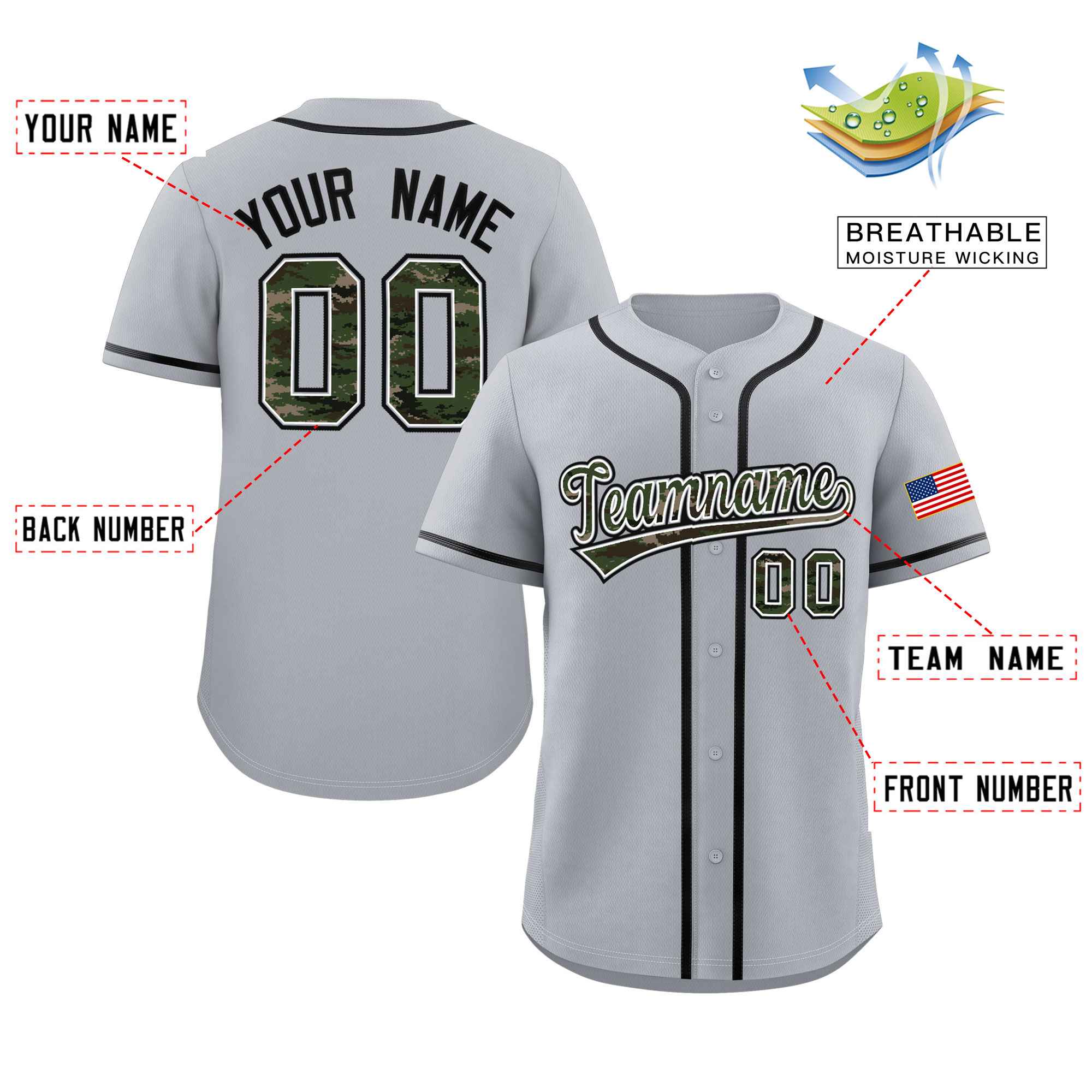 Custom Gray Personalized Camo Font Authentic Baseball Jersey