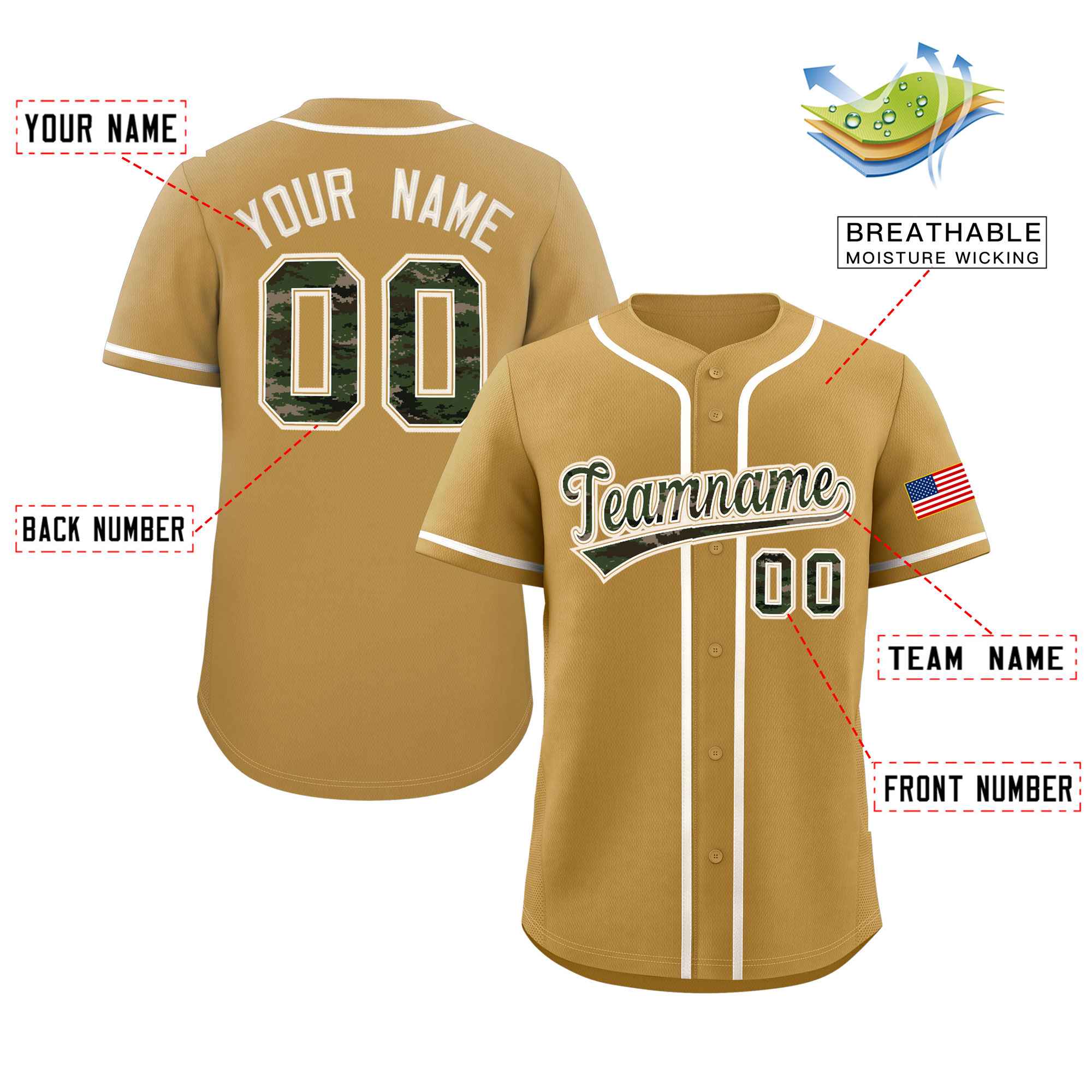 Custom Old Gold Personalized Camo Font Authentic Baseball Jersey