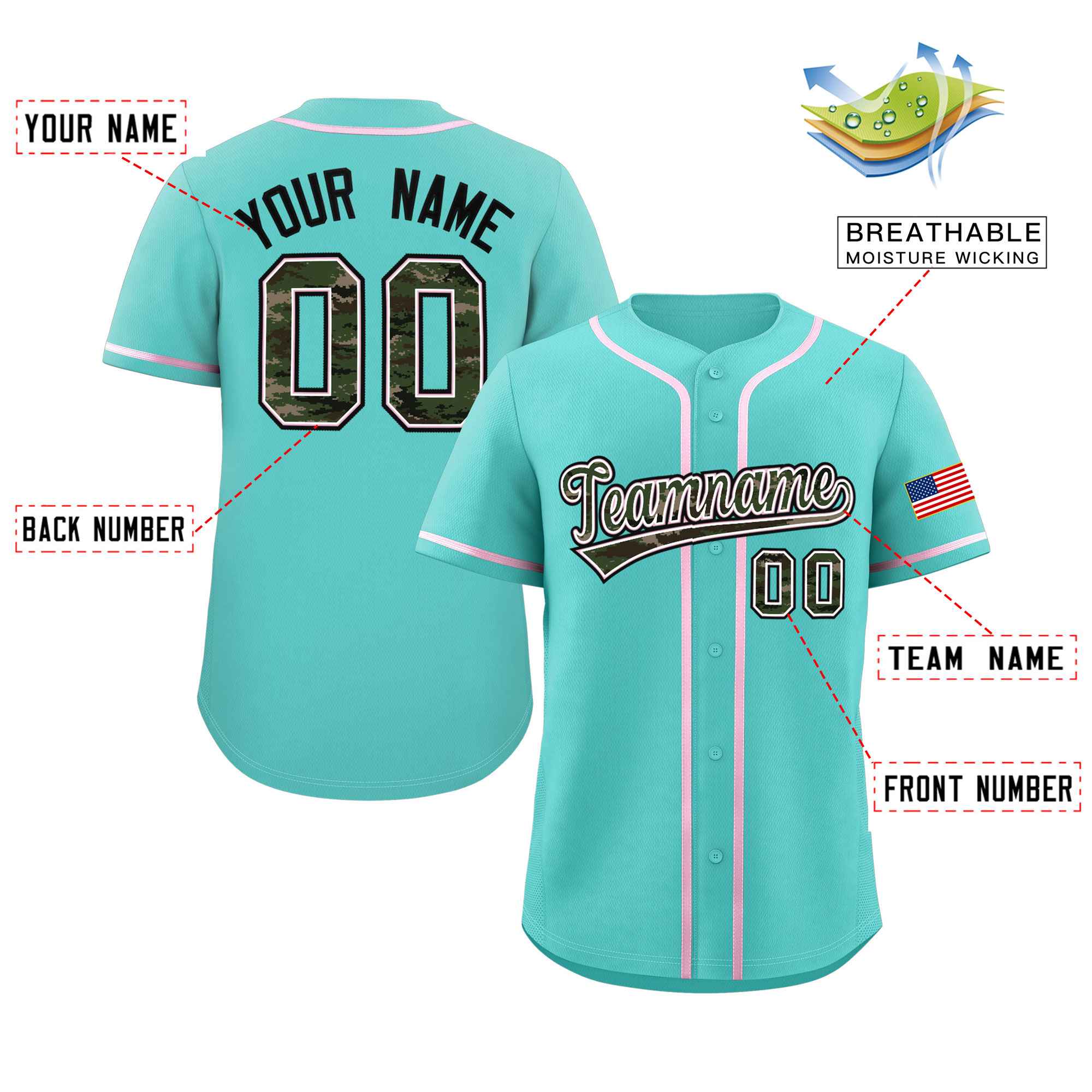 Custom Aqua Personalized Camo Font Authentic Baseball Jersey