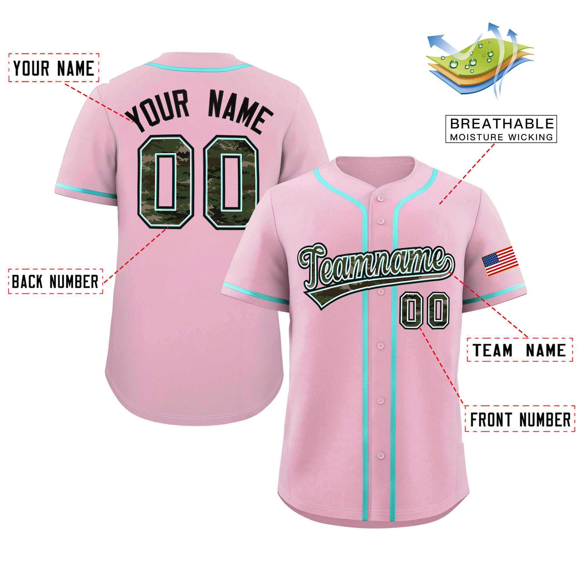 Custom Light Pink Personalized Camo Font Authentic Baseball Jersey