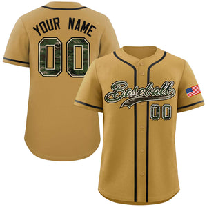 Custom Old Gold Personalized Camo Font Authentic Baseball Jersey