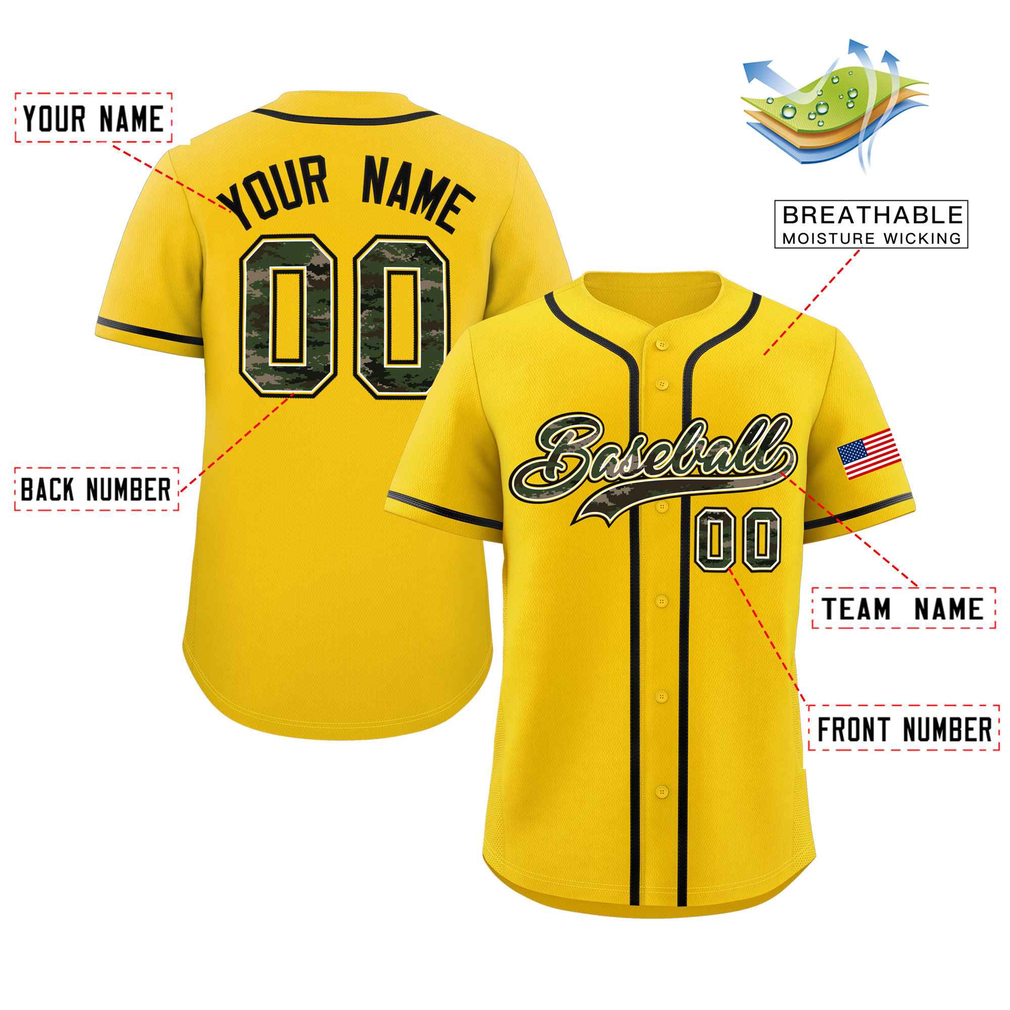 Custom Gold Personalized Camo Font Authentic Baseball Jersey