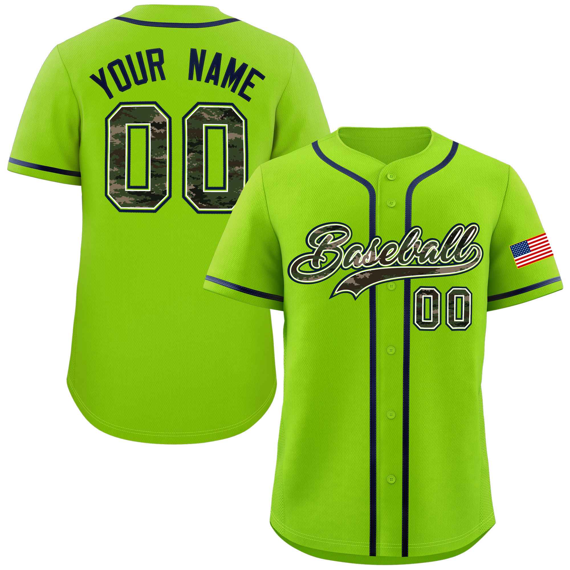 Custom Neon Green Personalized Camo Font Authentic Baseball Jersey