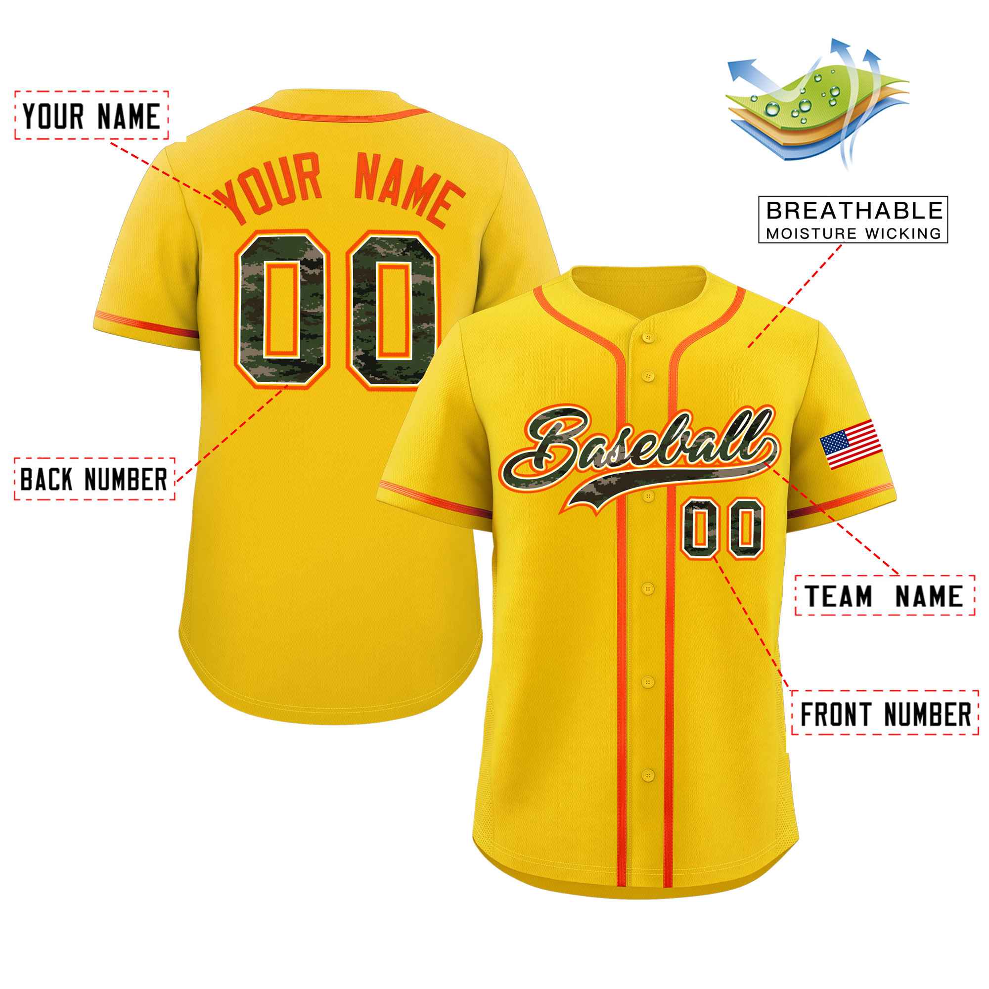 Custom Gold Personalized Camo Font Authentic Baseball Jersey