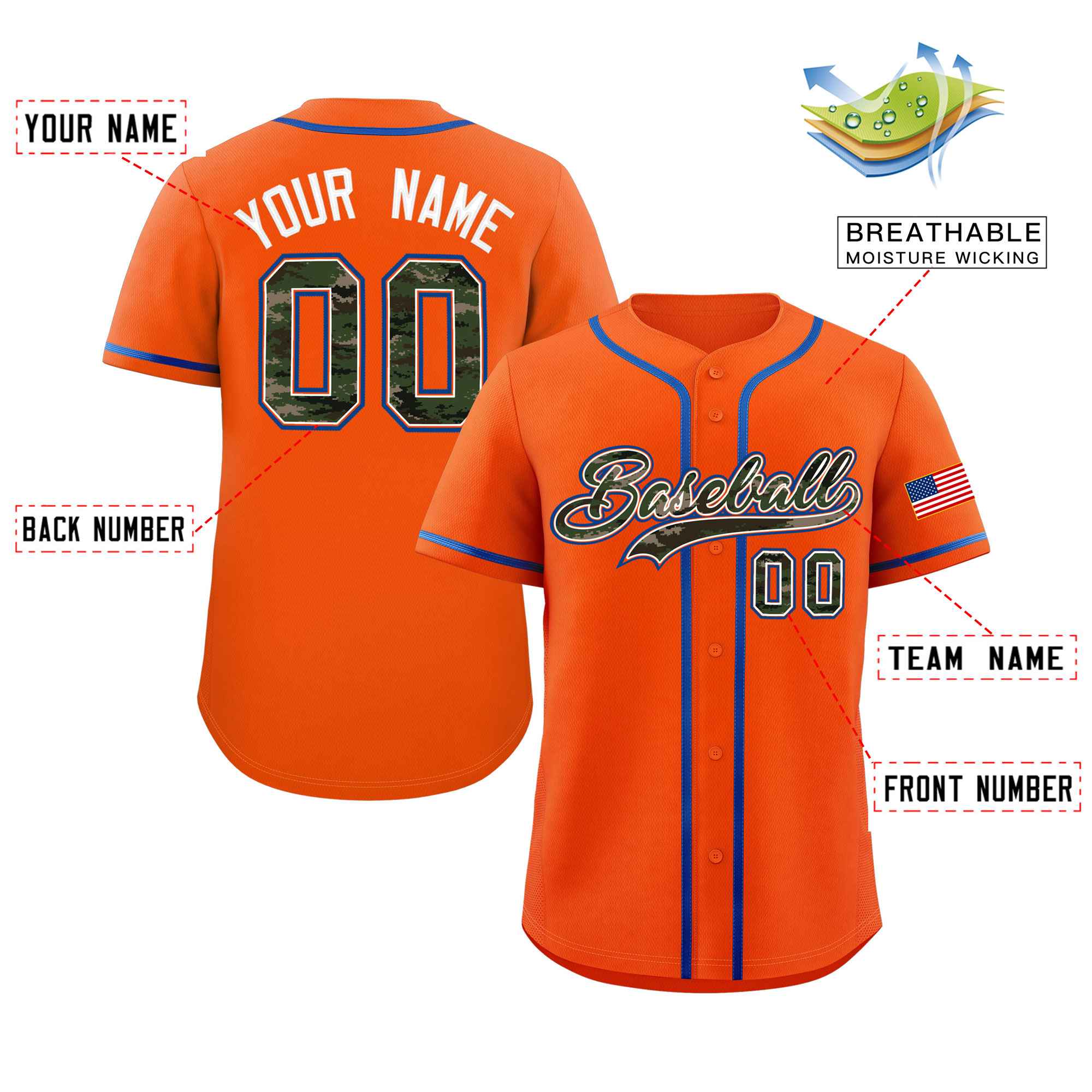 Custom Orange Personalized Camo Font Authentic Baseball Jersey