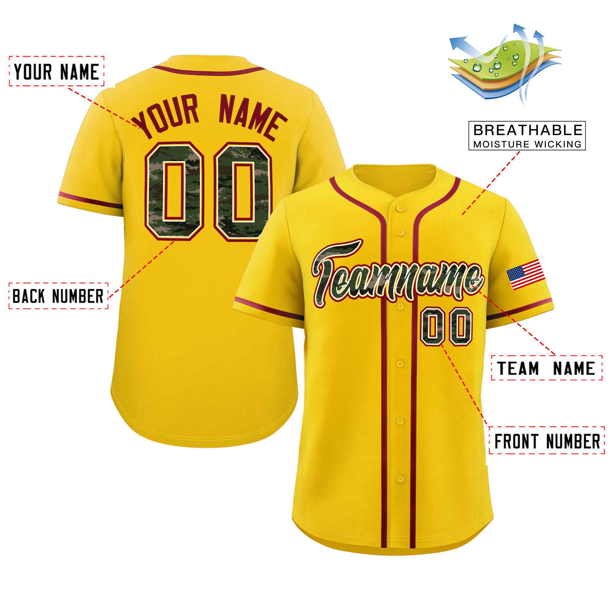 Custom Gold Personalized Camo Font Authentic Baseball Jersey