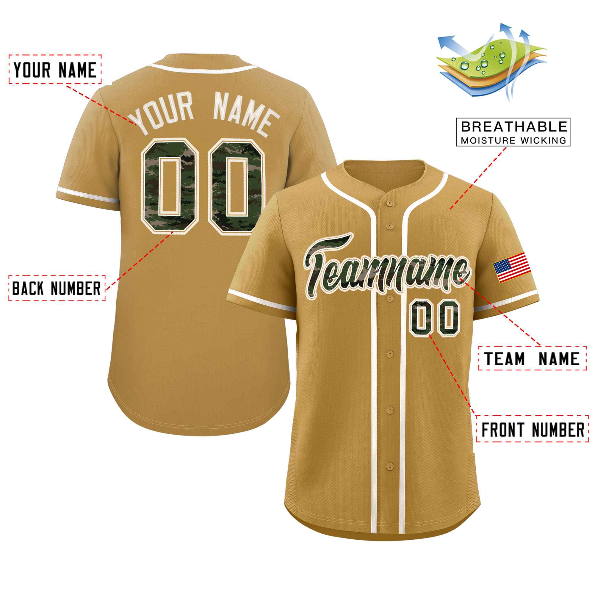 Custom Old Gold Personalized Camo Font Authentic Baseball Jersey