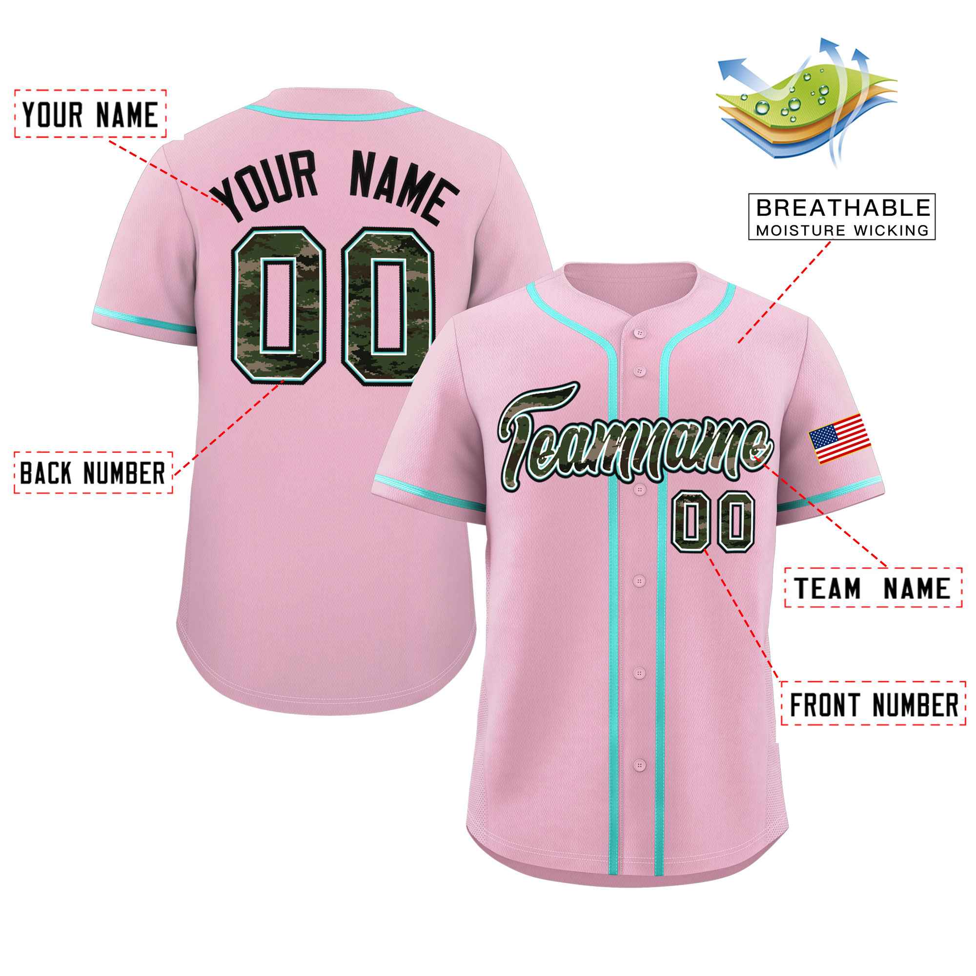 Custom Light Pink Personalized Camo Font Authentic Baseball Jersey