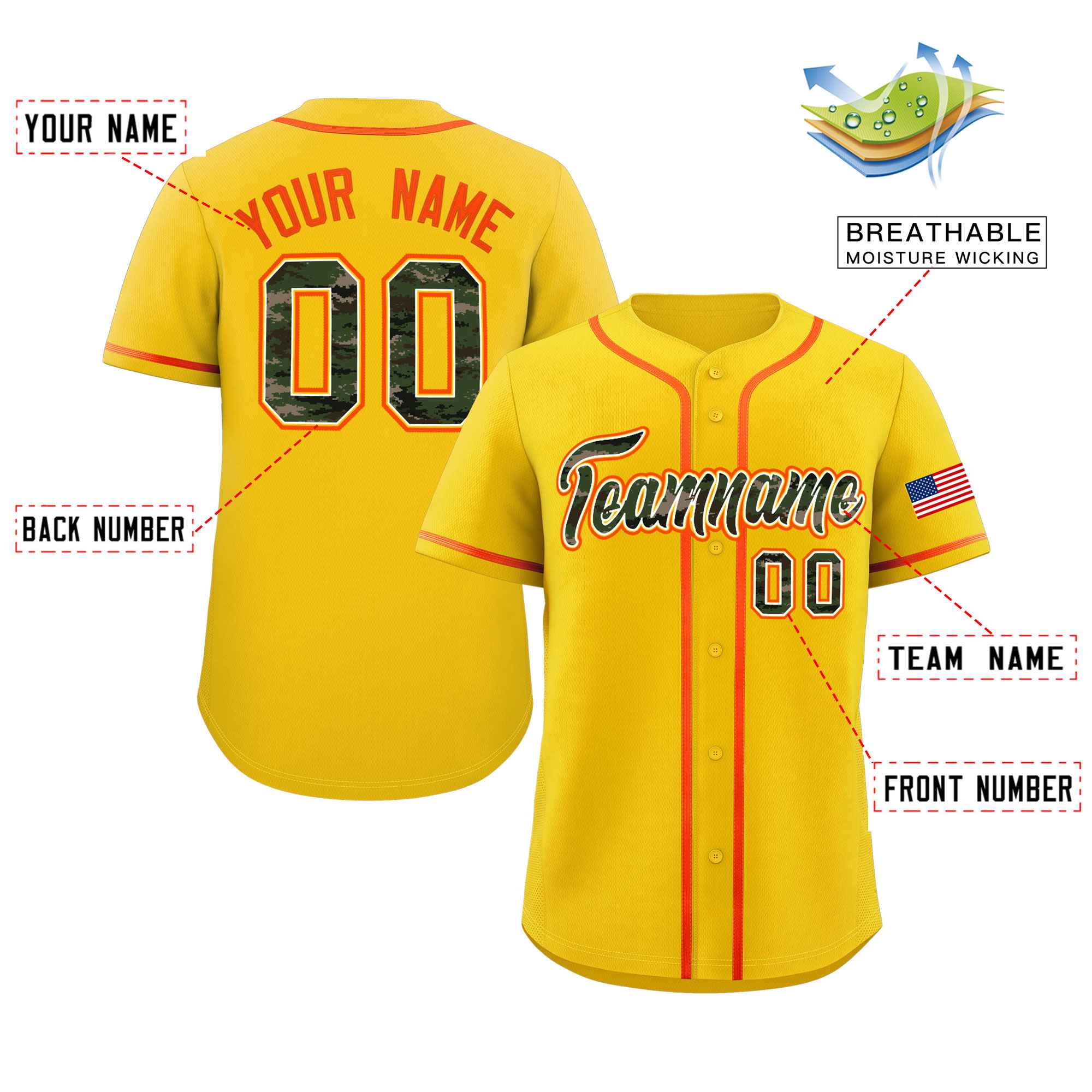 Custom Gold Personalized Camo Font Authentic Baseball Jersey