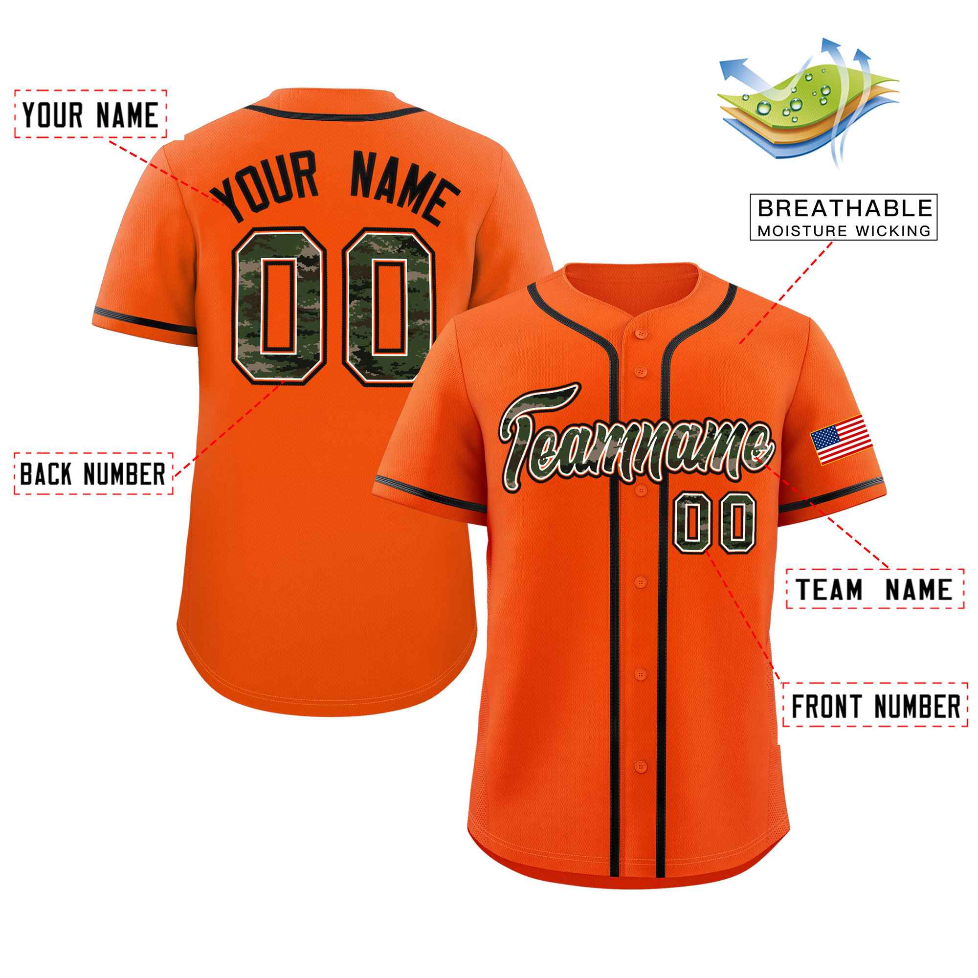 Custom Orange Personalized Camo Font Authentic Baseball Jersey