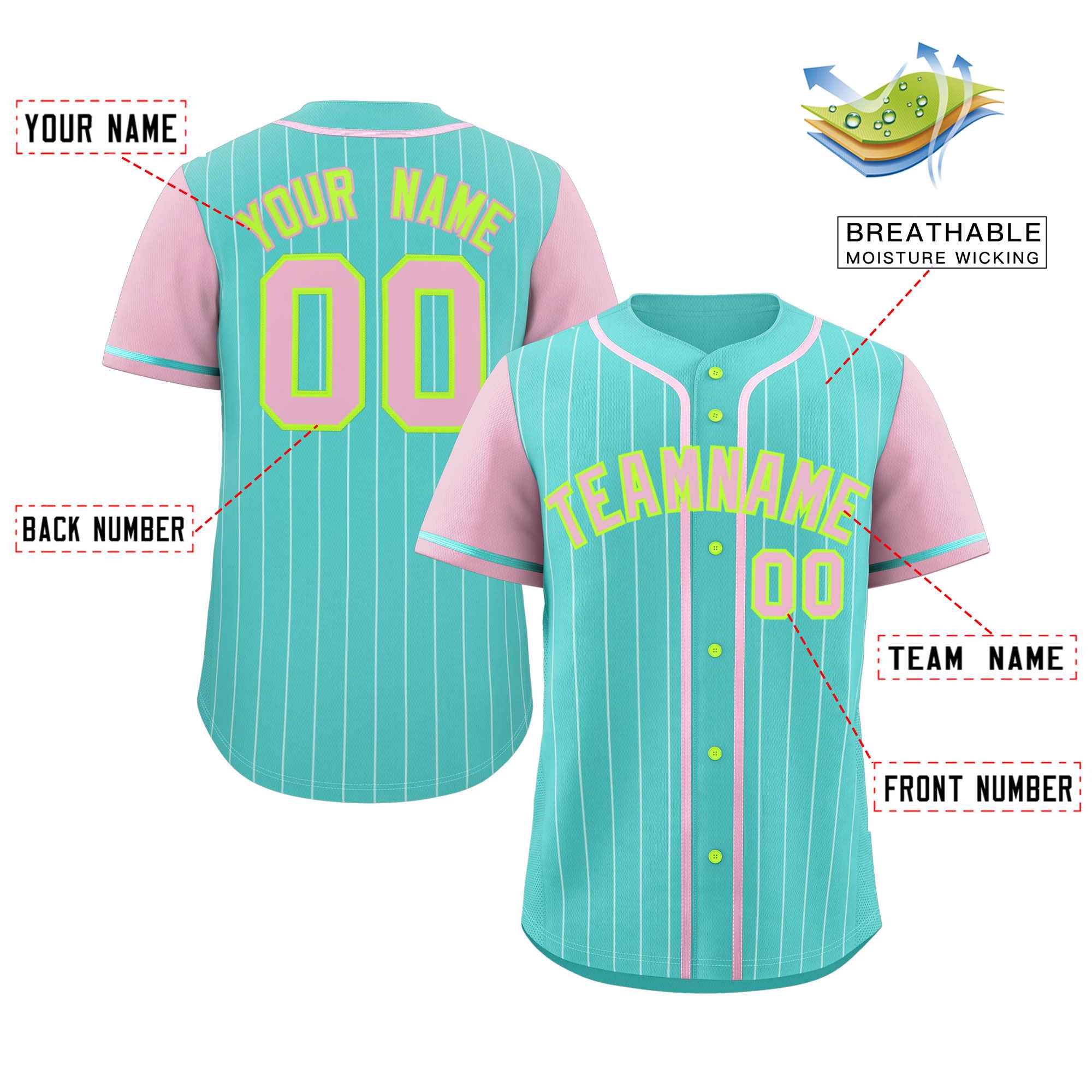 Custom Aqua Pink-White Stripe Fashion Raglan Sleeves Authentic Baseball Jersey