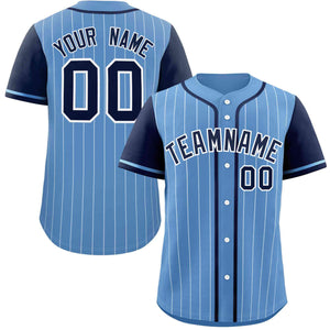 Custom Light Blue Navy-White Stripe Fashion Raglan Sleeves Authentic Baseball Jersey