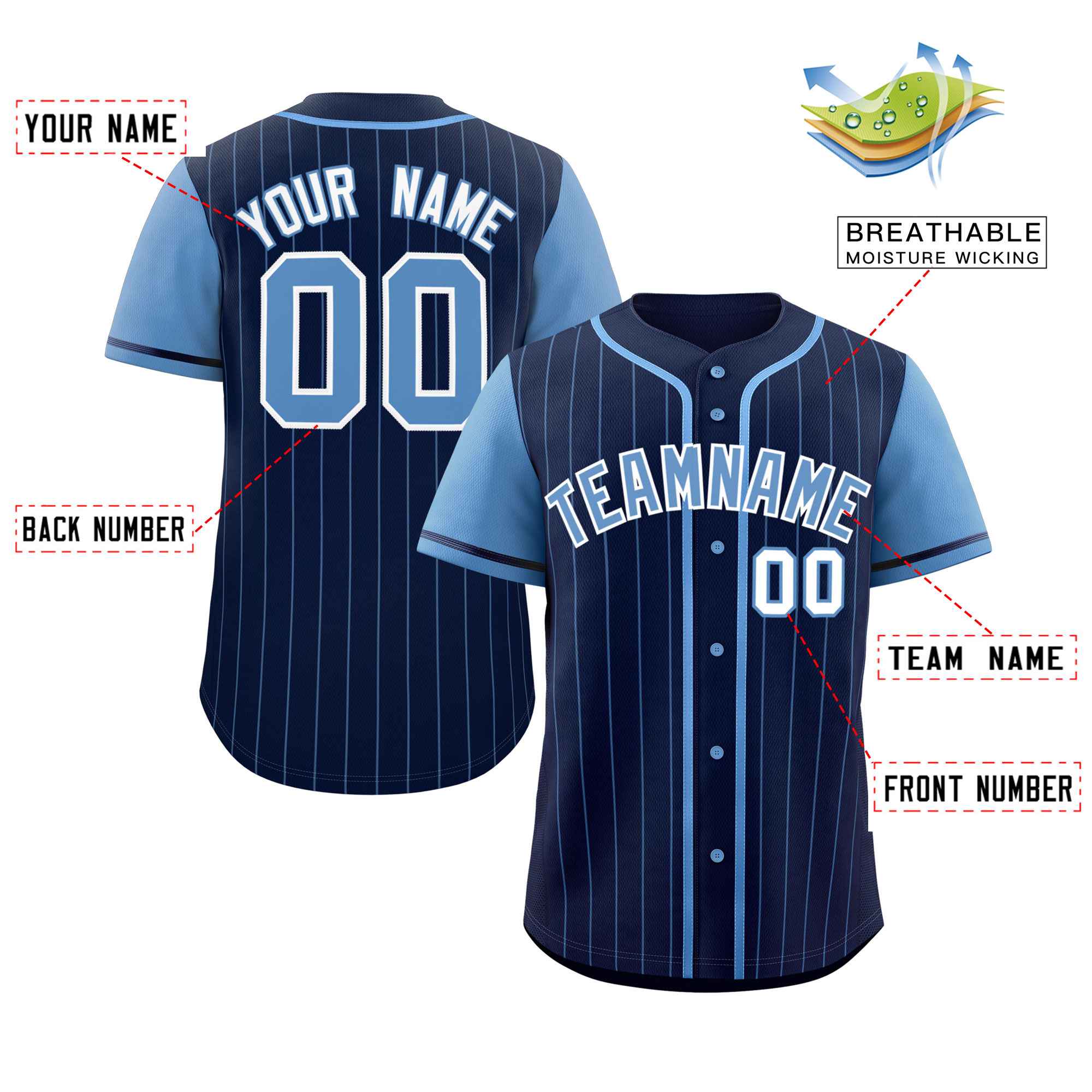 Custom Navy Light Blue Stripe Fashion Raglan Sleeves Authentic Baseball Jersey