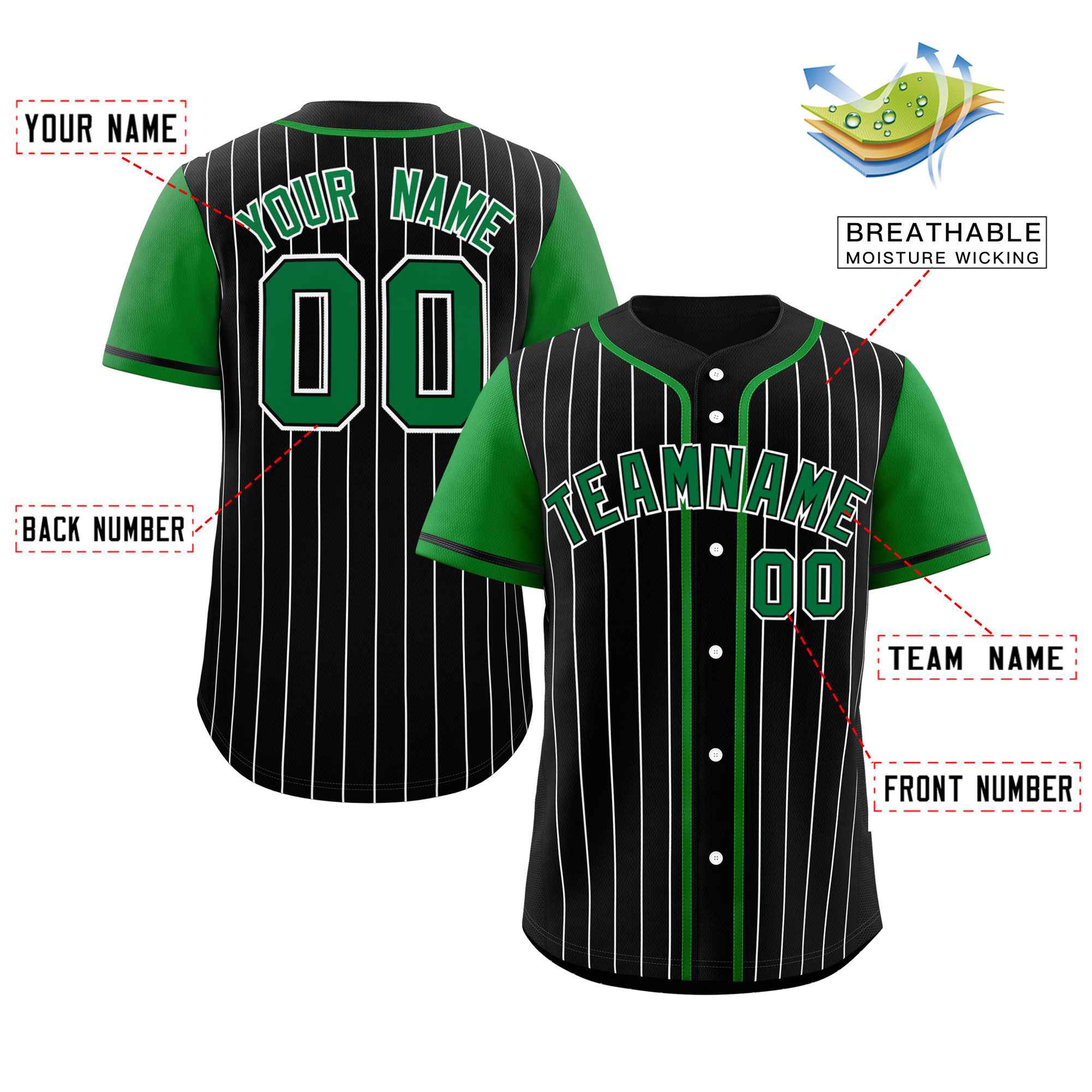 Custom Black Kelly Green-White Stripe Fashion Raglan Sleeves Authentic Baseball Jersey