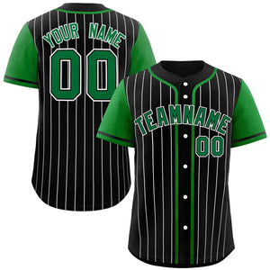 Custom Black Kelly Green-White Stripe Fashion Raglan Sleeves Authentic Baseball Jersey