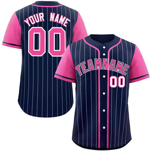 Custom Navy Pink-Gray Stripe Fashion Raglan Sleeves Authentic Baseball Jersey