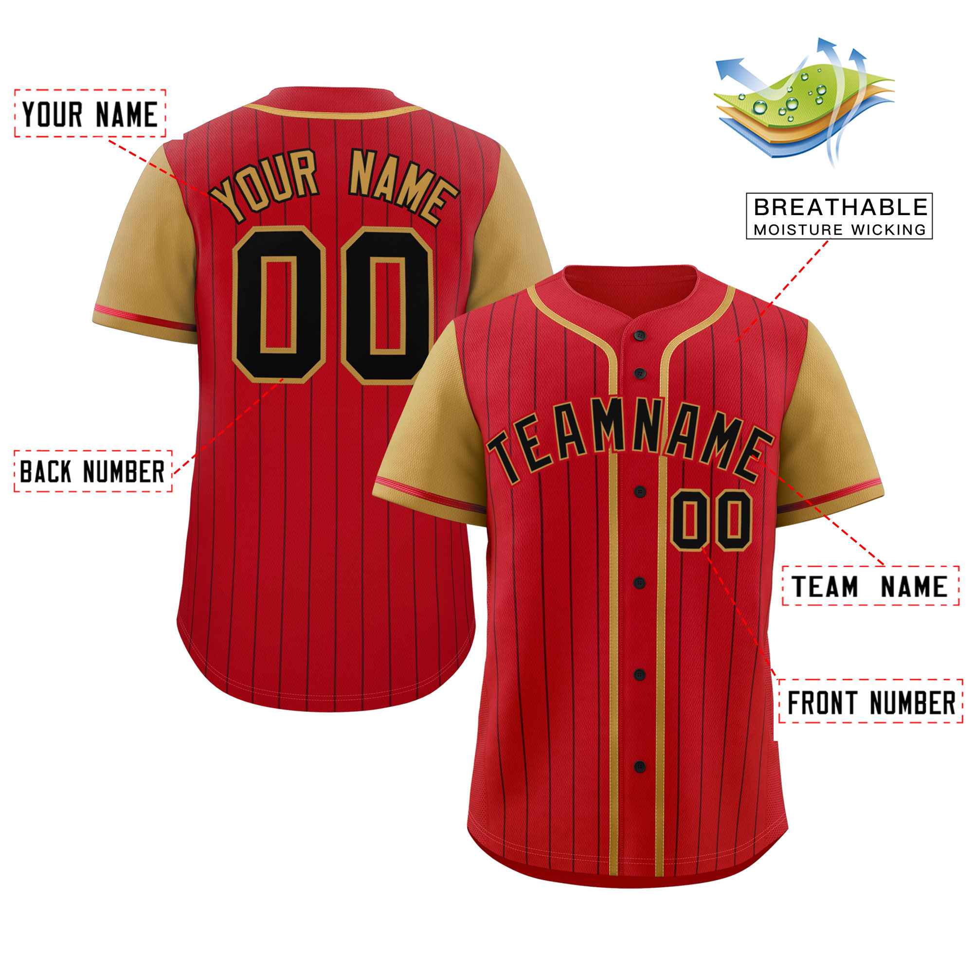 Custom Red Old Gold-Black Stripe Fashion Raglan Sleeves Authentic Baseball Jersey