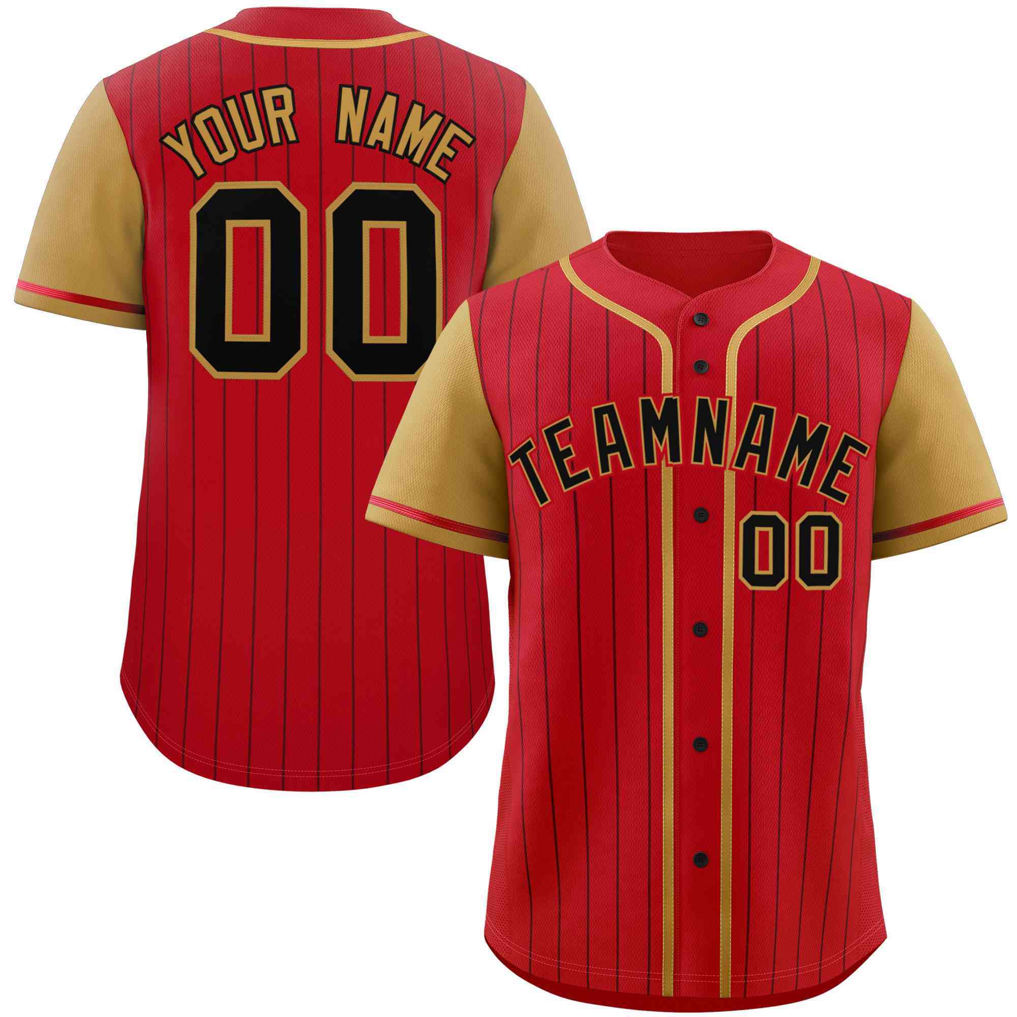 Custom Red Old Gold-Black Stripe Fashion Raglan Sleeves Authentic Baseball Jersey