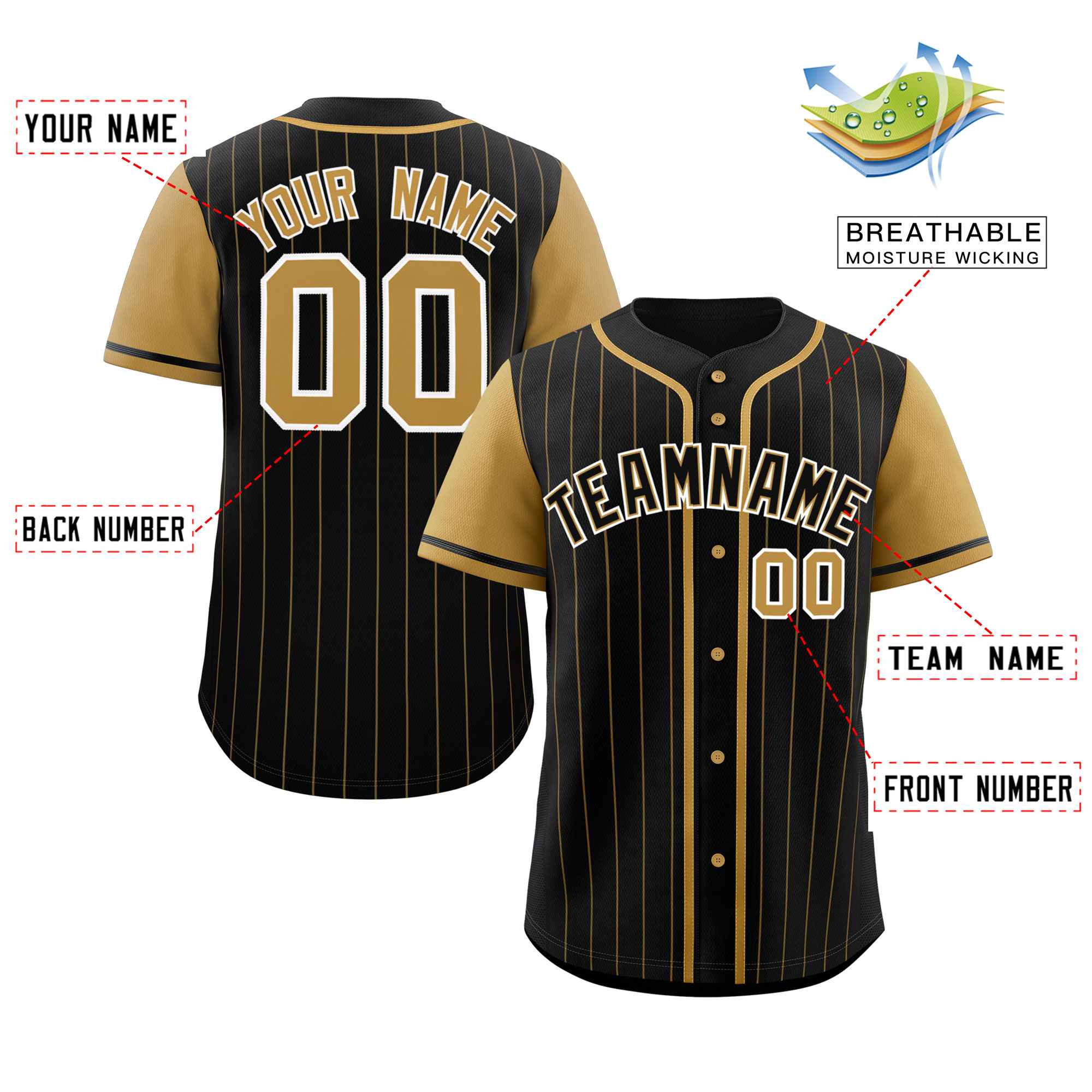 Custom Black Old Gold Stripe Fashion Raglan Sleeves Authentic Baseball Jersey