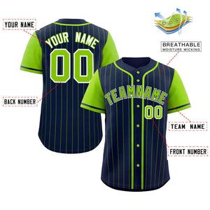 Custom Navy Neon Green Stripe Fashion Raglan Sleeves Authentic Baseball Jersey