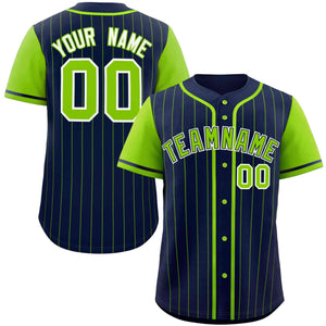 Custom Navy Neon Green Stripe Fashion Raglan Sleeves Authentic Baseball Jersey