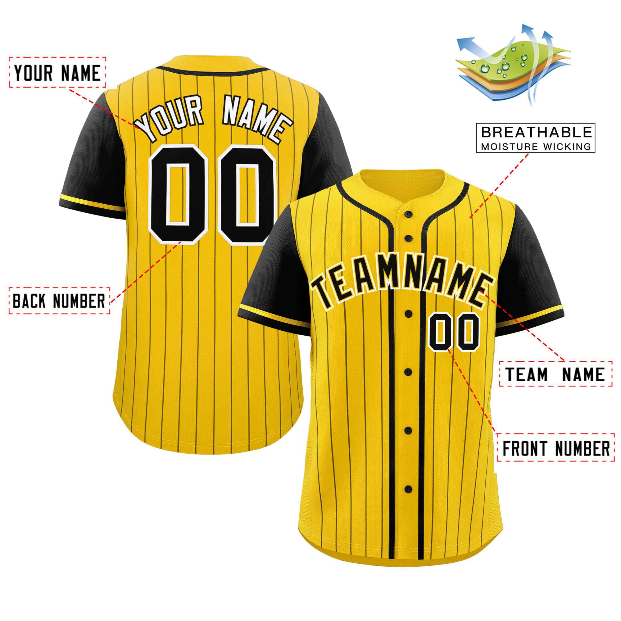 Custom Gold Black Stripe Fashion Raglan Sleeves Authentic Baseball Jersey