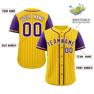 Custom Gold Purple Stripe Fashion Raglan Sleeves Authentic Baseball Jersey