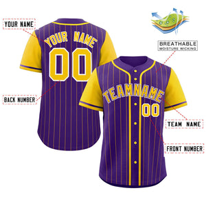 Custom Purple Gold Stripe Fashion Raglan Sleeves Authentic Baseball Jersey