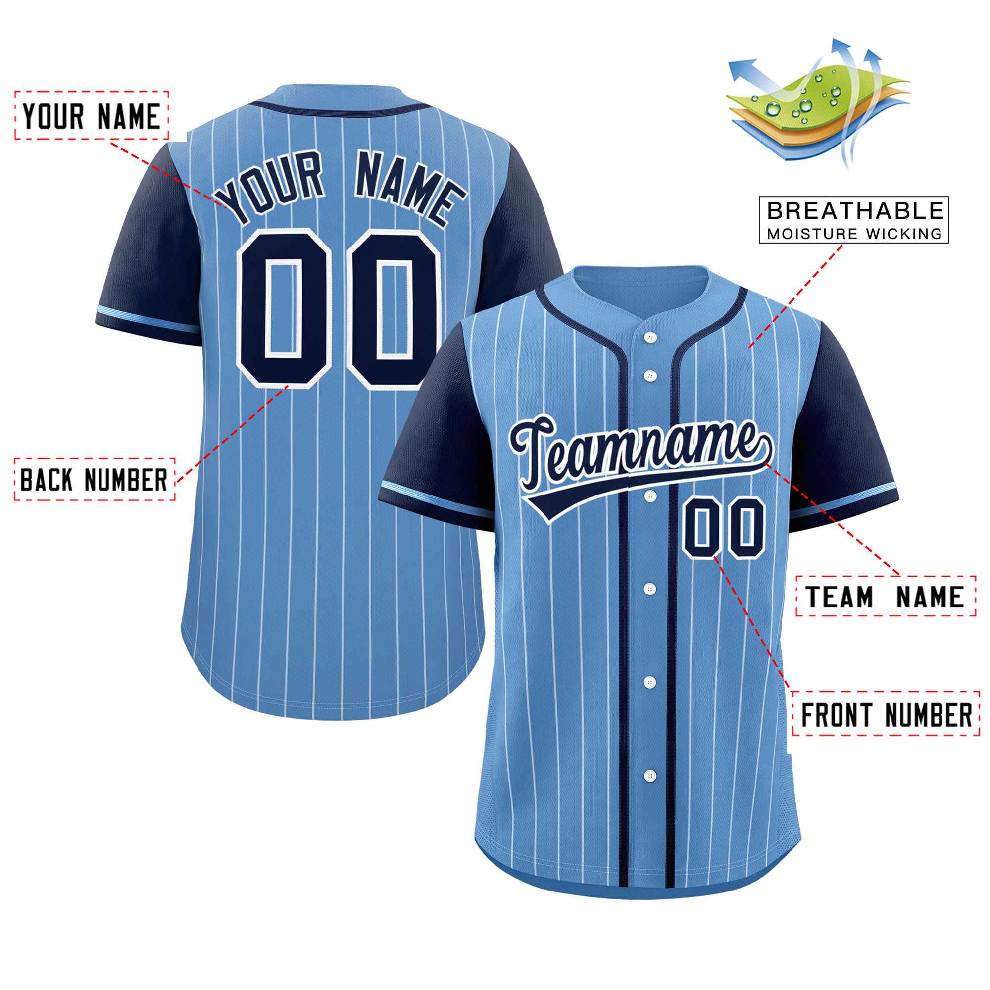 Custom Light Blue Navy-White Stripe Fashion Raglan Sleeves Authentic Baseball Jersey