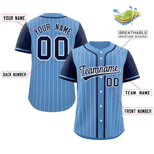 Custom Light Blue Navy-White Stripe Fashion Raglan Sleeves Authentic Baseball Jersey