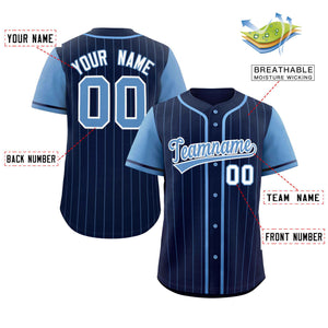 Custom Navy Light Blue Stripe Fashion Raglan Sleeves Authentic Baseball Jersey