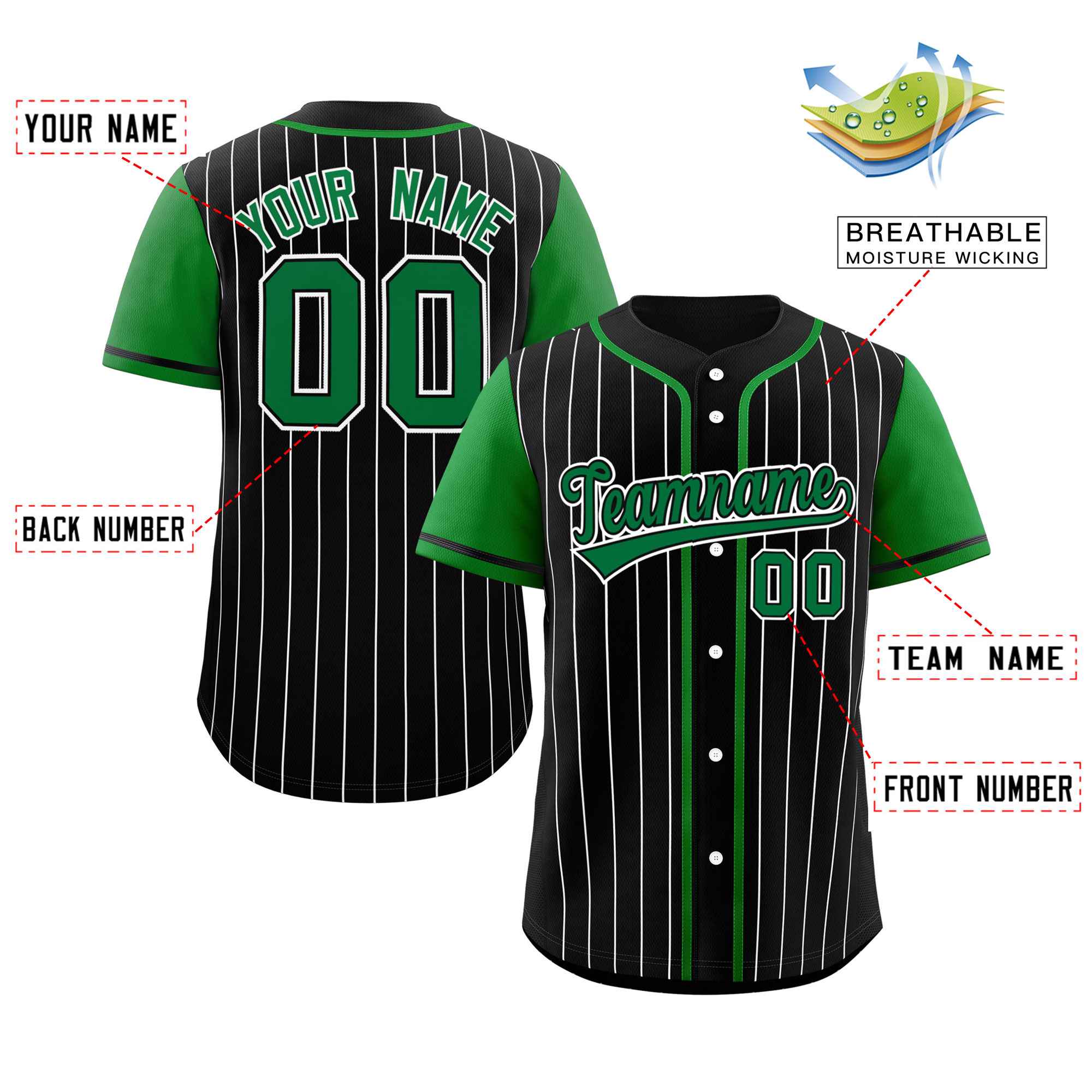 Custom Black Kelly Green-White Stripe Fashion Raglan Sleeves Authentic Baseball Jersey