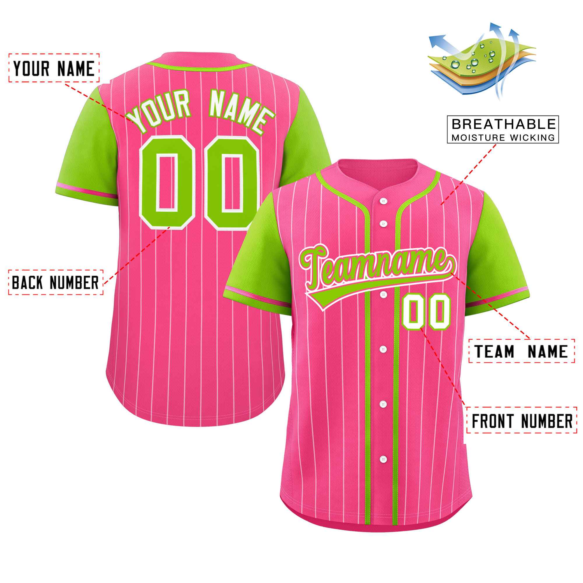Custom Pink Neon Green-White Stripe Fashion Raglan Sleeves Authentic Baseball Jersey